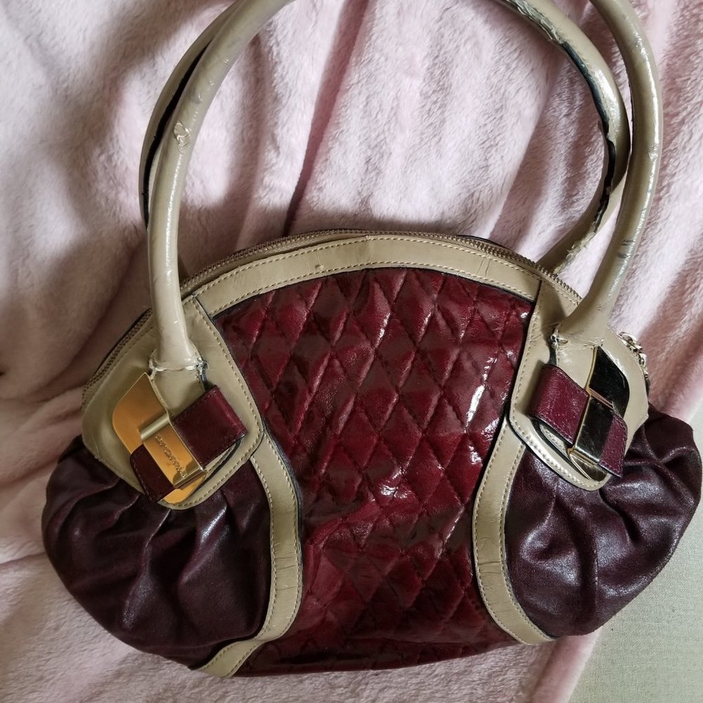 Cromia Genuine Leather Handbag Burgundy and Tan